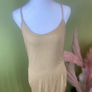 Women’s Tan Bodycon Midi Dress XL Stretch Spaghetti Strap Nude Fitted